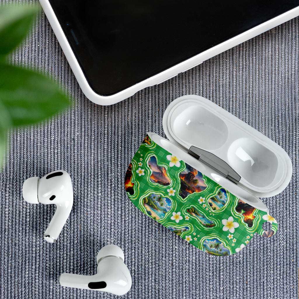 Hawaii Map with Plumeria Flower and Palaka Pattern AirPods Case Tropical Island Green Design