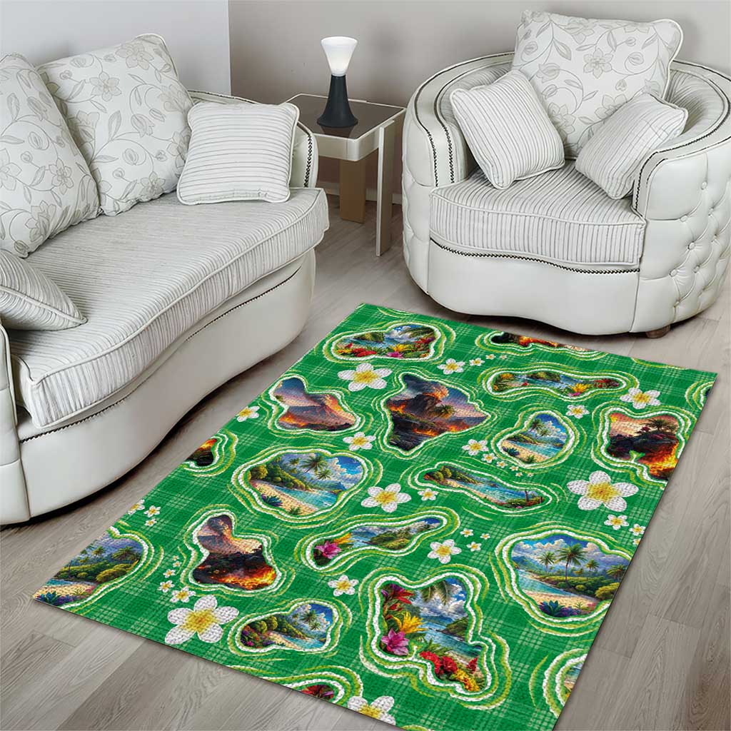 Hawaii Map with Plumeria Flower and Palaka Pattern Area Rug Tropical Island Green Design