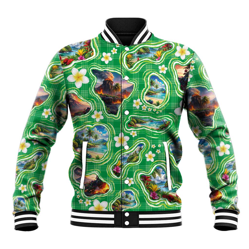 Hawaii Map with Plumeria Flower and Palaka Pattern Baseball Jacket Tropical Island Green Design