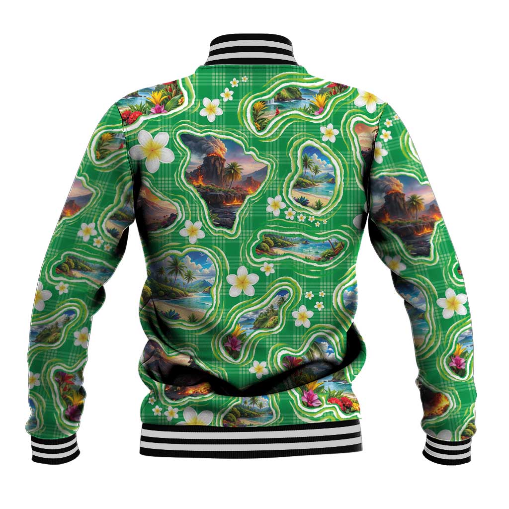 Hawaii Map with Plumeria Flower and Palaka Pattern Baseball Jacket Tropical Island Green Design