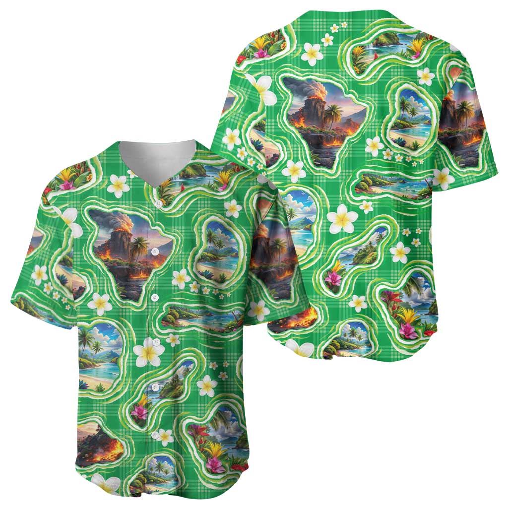 Hawaii Map with Plumeria Flower and Palaka Pattern Baseball Jersey Tropical Island Green Design