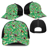Hawaii Map with Plumeria Flower and Palaka Pattern Baseball Net Cap Tropical Island Green Design