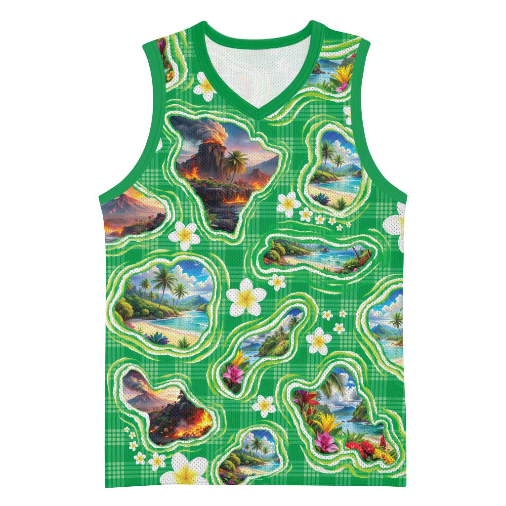 Hawaii Map with Plumeria Flower and Palaka Pattern Basketball Jersey Tropical Island Green Design