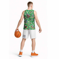 Hawaii Map with Plumeria Flower and Palaka Pattern Basketball Jersey Tropical Island Green Design