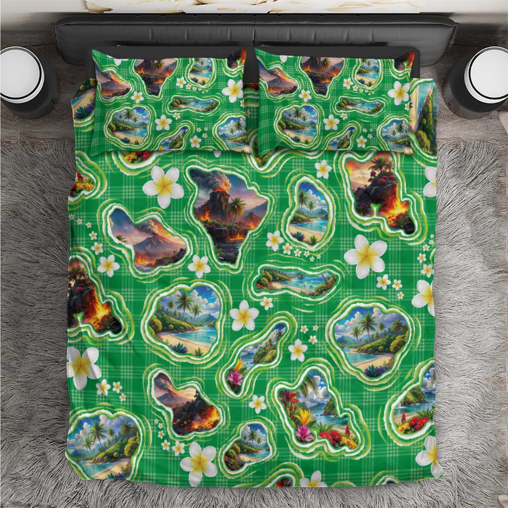 Hawaii Map with Plumeria Flower and Palaka Pattern Bedding Set Tropical Island Green Design