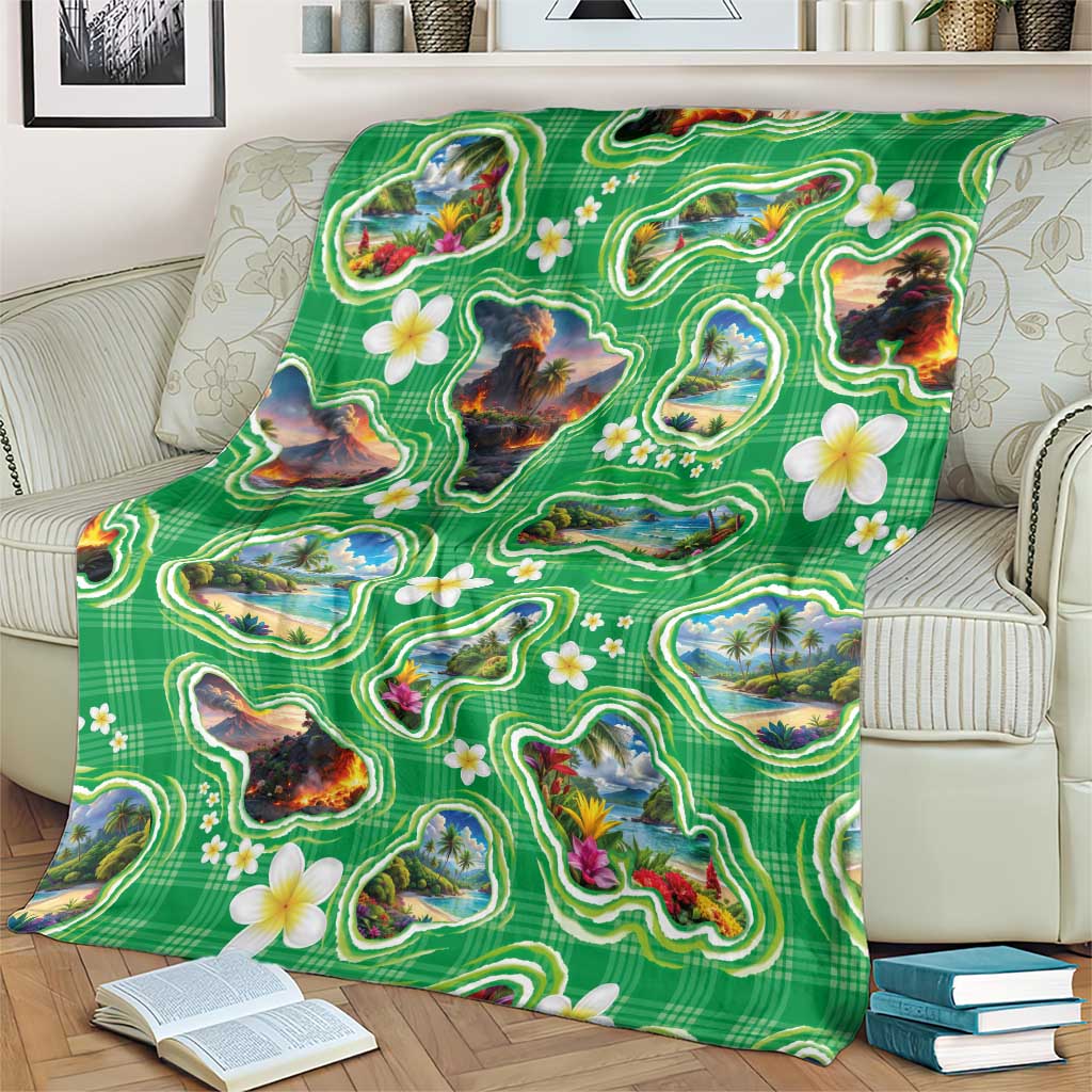 Hawaii Map with Plumeria Flower and Palaka Pattern Blanket Tropical Island Green Design