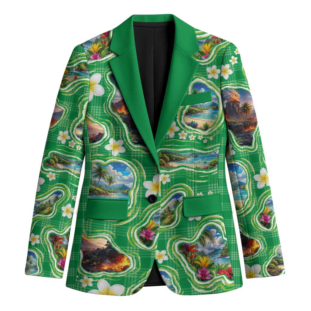 Hawaii Map with Plumeria Flower and Palaka Pattern Blazer Tropical Island Green Design