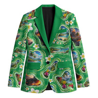 Hawaii Map with Plumeria Flower and Palaka Pattern Blazer Tropical Island Green Design