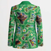 Hawaii Map with Plumeria Flower and Palaka Pattern Blazer Tropical Island Green Design