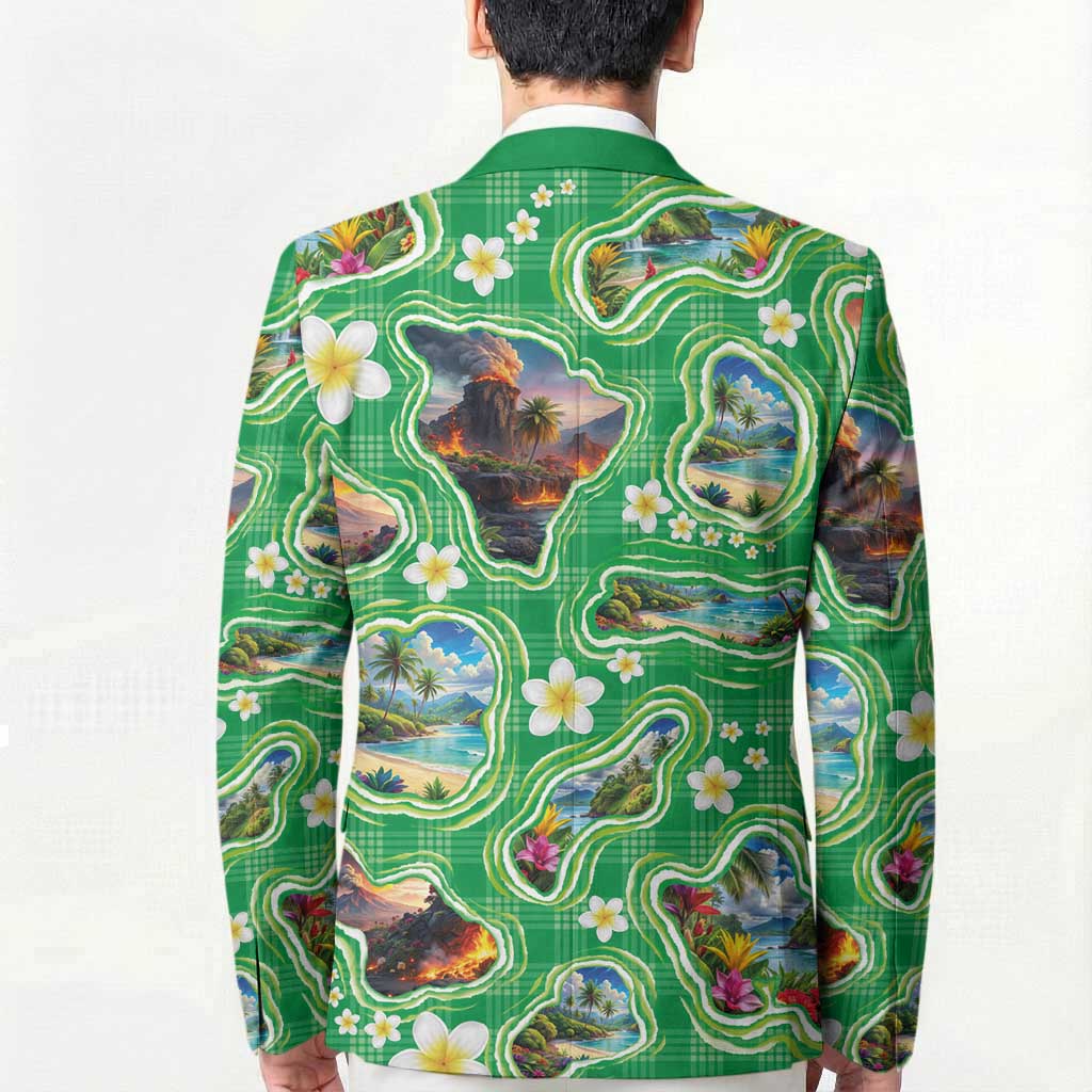 Hawaii Map with Plumeria Flower and Palaka Pattern Blazer Tropical Island Green Design