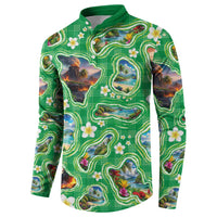 Hawaii Map with Plumeria Flower and Palaka Pattern Button Sweatshirt Tropical Island Green Design