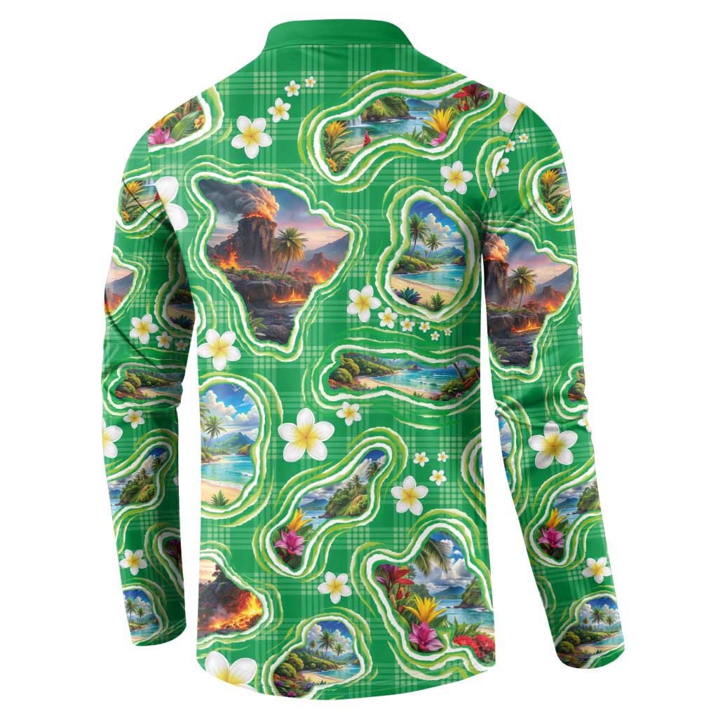 Hawaii Map with Plumeria Flower and Palaka Pattern Button Sweatshirt Tropical Island Green Design
