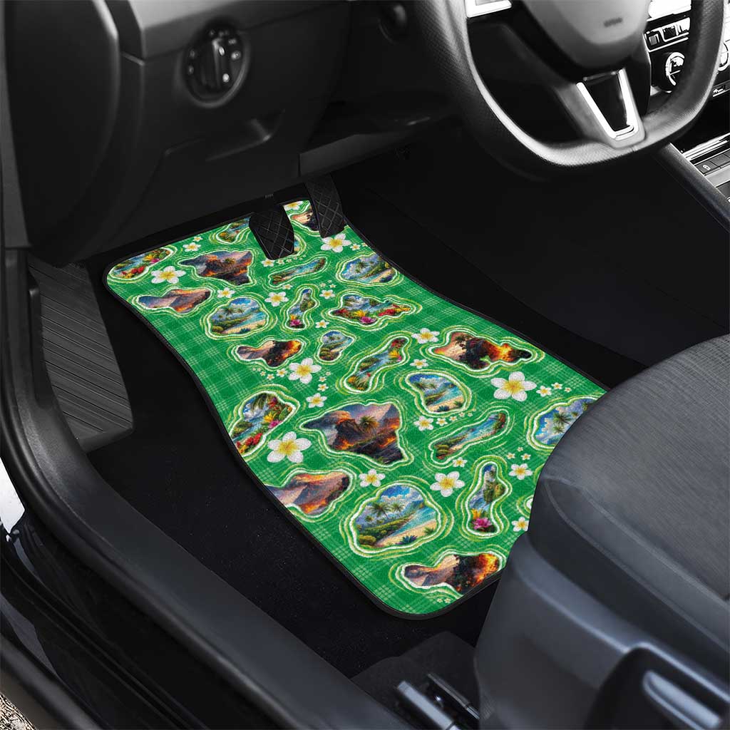 Hawaii Map with Plumeria Flower and Palaka Pattern Car Mats Tropical Island Green Design