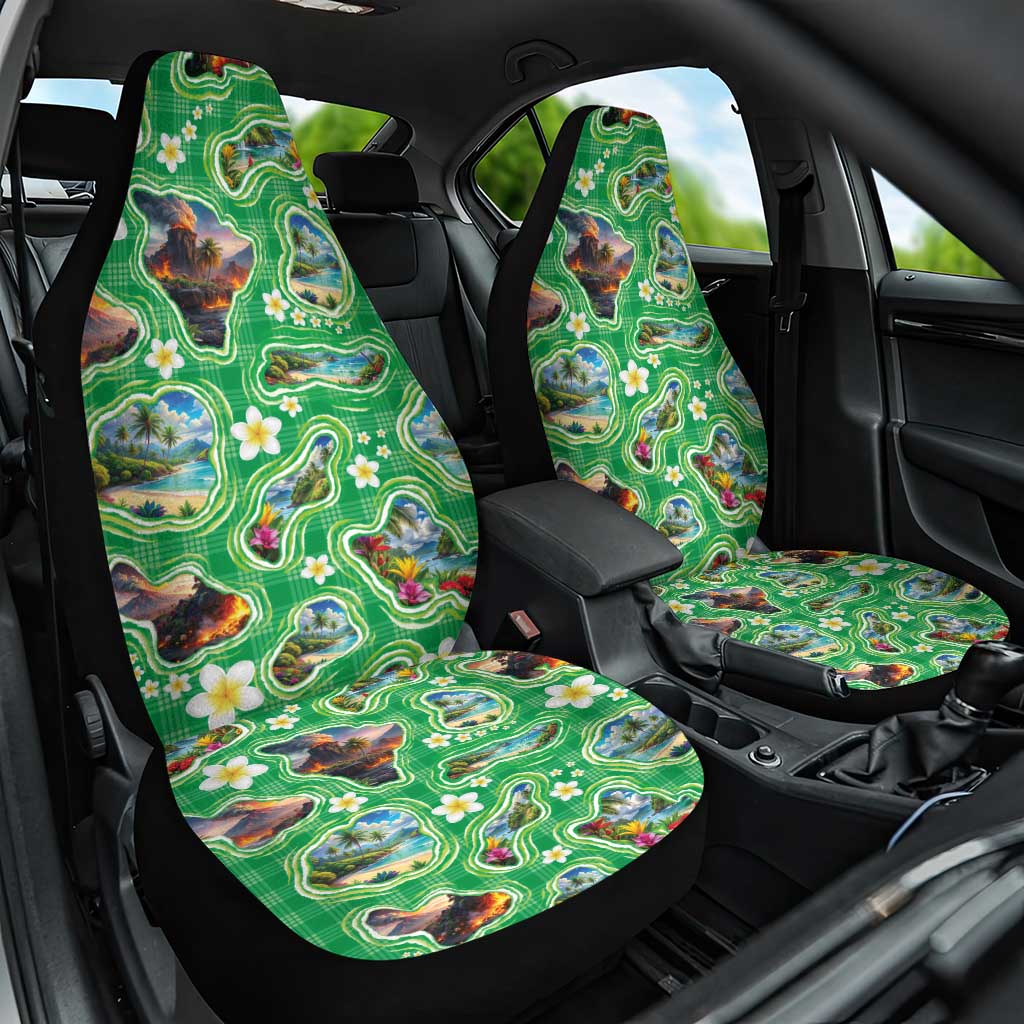 Hawaii Map with Plumeria Flower and Palaka Pattern Car Seat Cover Tropical Island Green Design