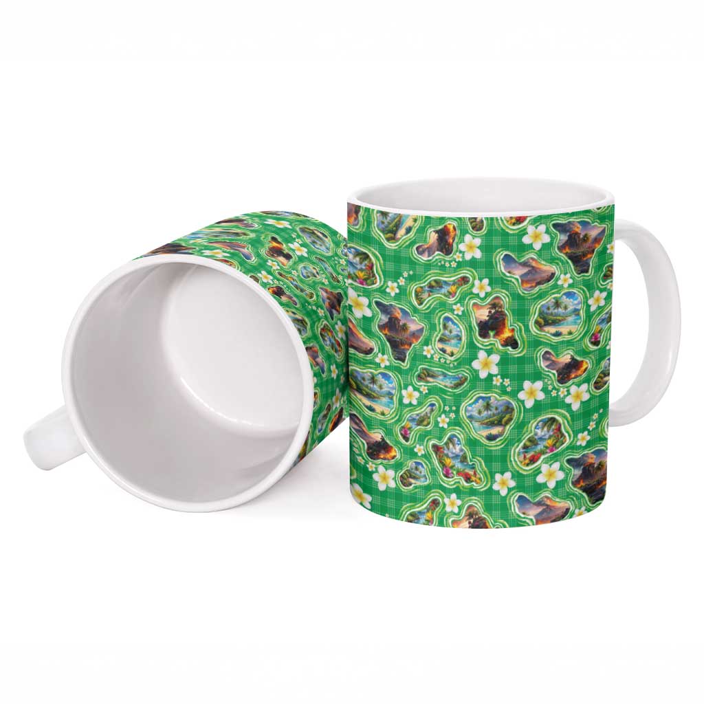 Hawaii Map with Plumeria Flower and Palaka Pattern Ceramic Mug Tropical Island Green Design