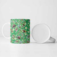 Hawaii Map with Plumeria Flower and Palaka Pattern Ceramic Mug Tropical Island Green Design