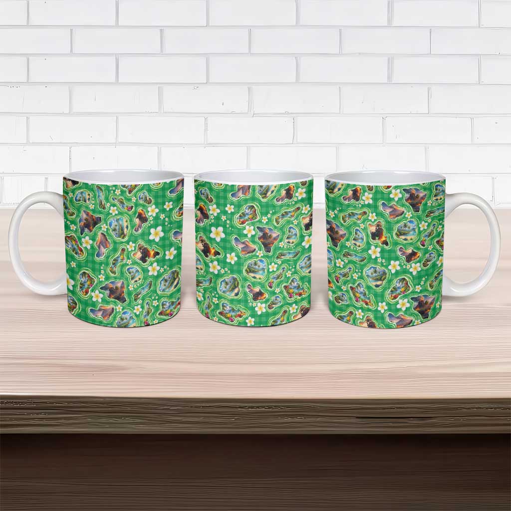 Hawaii Map with Plumeria Flower and Palaka Pattern Ceramic Mug Tropical Island Green Design