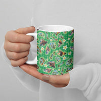 Hawaii Map with Plumeria Flower and Palaka Pattern Ceramic Mug Tropical Island Green Design