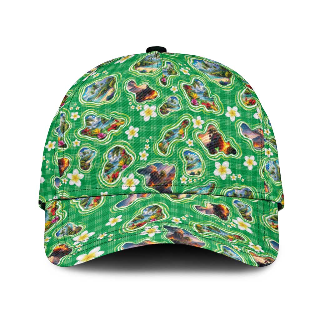 Hawaii Map with Plumeria Flower and Palaka Pattern Classic Cap Tropical Island Green Design