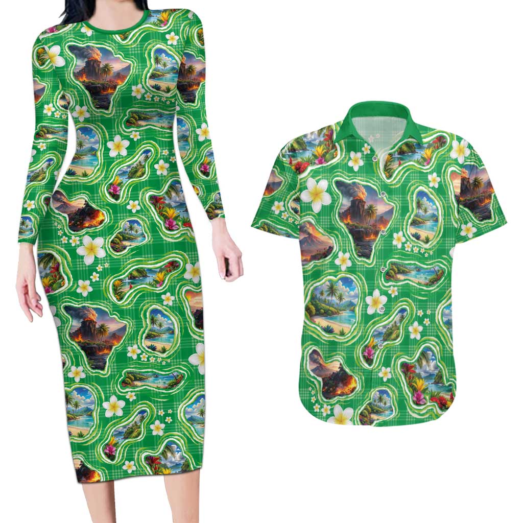 Hawaii Map with Plumeria Flower and Palaka Pattern Couples Matching Long Sleeve Bodycon Dress and Hawaiian Shirt Tropical Island Green Design LT03 Green - Polynesian Pride