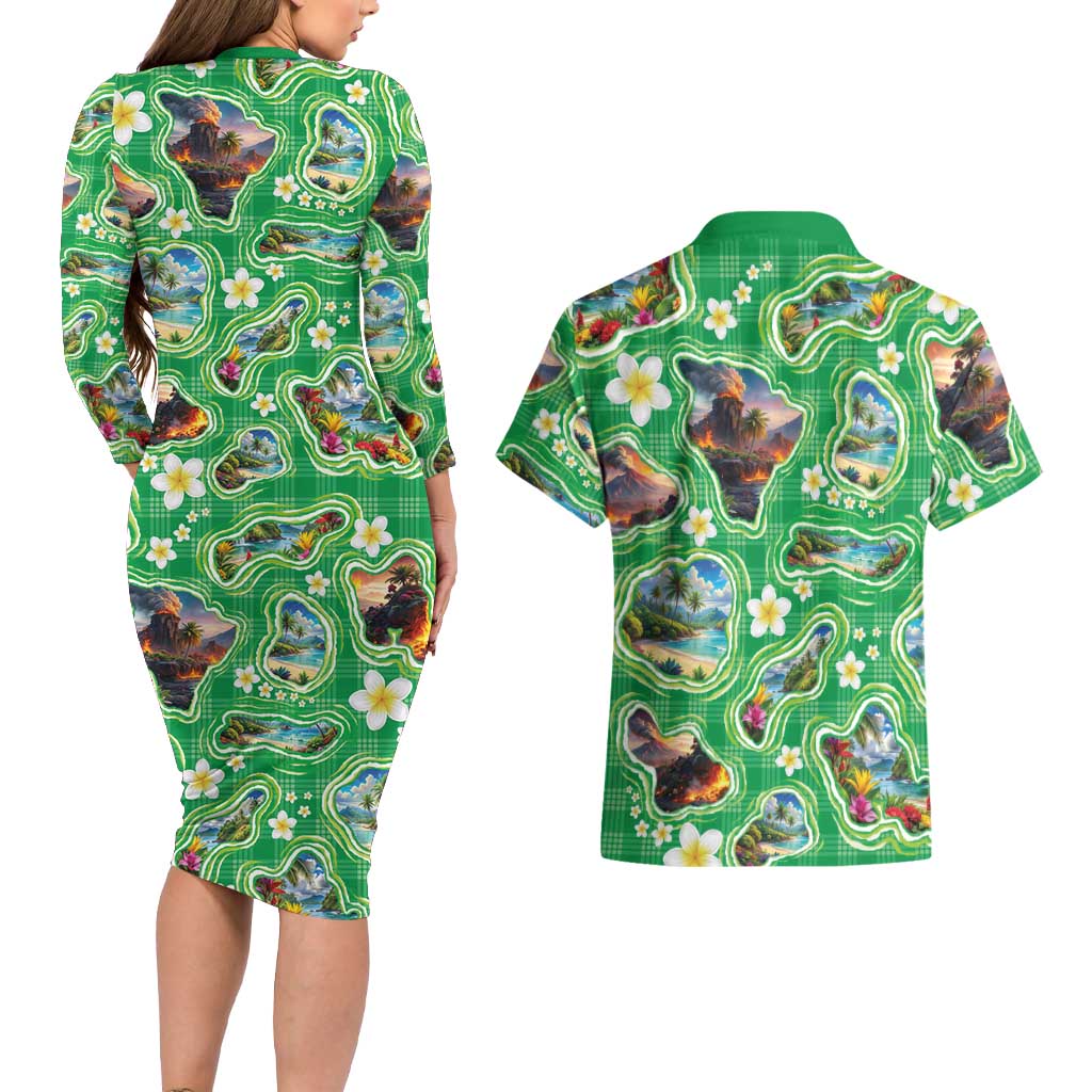 Hawaii Map with Plumeria Flower and Palaka Pattern Couples Matching Long Sleeve Bodycon Dress and Hawaiian Shirt Tropical Island Green Design LT03 - Polynesian Pride