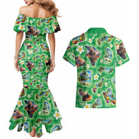 Hawaii Map with Plumeria Flower and Palaka Pattern Couples Matching Mermaid Dress and Hawaiian Shirt Tropical Island Green Design LT03 - Polynesian Pride