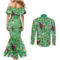 Hawaii Map with Plumeria Flower and Palaka Pattern Couples Matching Mermaid Dress and Long Sleeve Button Shirt Tropical Island Green Design LT03 - Polynesian Pride