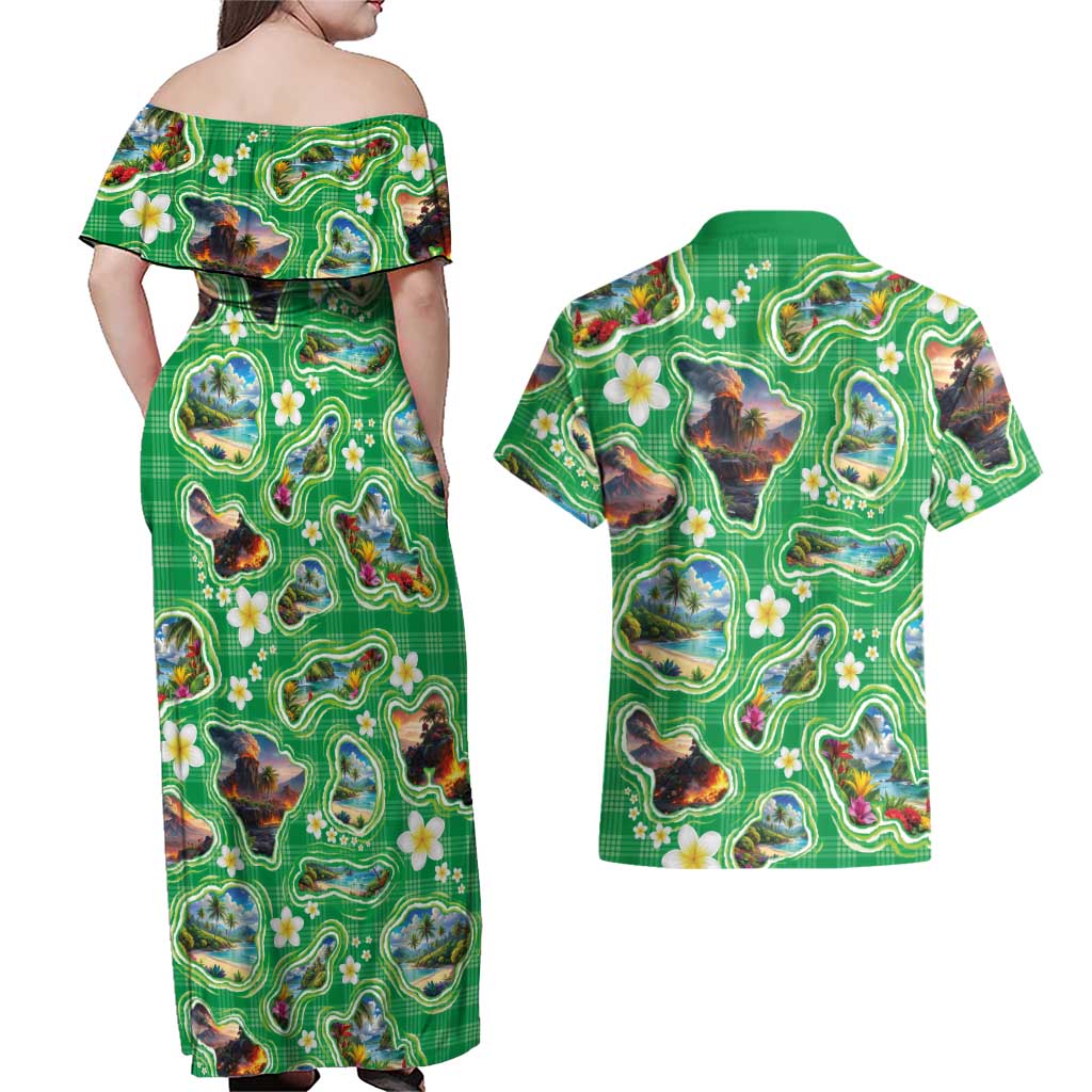 Hawaii Map with Plumeria Flower and Palaka Pattern Couples Matching Off Shoulder Maxi Dress and Hawaiian Shirt Tropical Island Green Design LT03 - Polynesian Pride