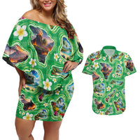 Hawaii Map with Plumeria Flower and Palaka Pattern Couples Matching Off Shoulder Short Dress and Hawaiian Shirt Tropical Island Green Design LT03 Green - Polynesian Pride