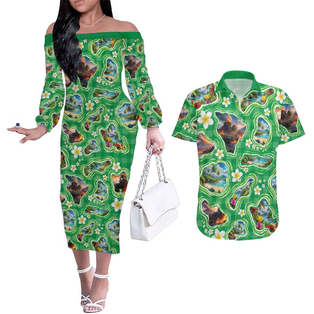 Hawaii Map with Plumeria Flower and Palaka Pattern Couples Matching Off The Shoulder Long Sleeve Dress and Hawaiian Shirt Tropical Island Green Design LT03 Green - Polynesian Pride