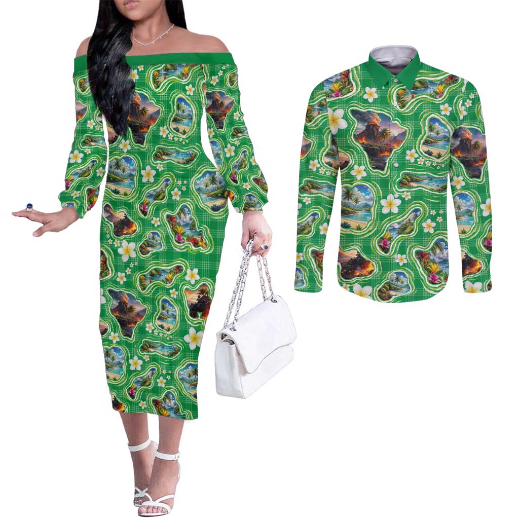 Hawaii Map with Plumeria Flower and Palaka Pattern Couples Matching Off The Shoulder Long Sleeve Dress and Long Sleeve Button Shirt Tropical Island Green Design LT03 Green - Polynesian Pride