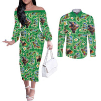 Hawaii Map with Plumeria Flower and Palaka Pattern Couples Matching Off The Shoulder Long Sleeve Dress and Long Sleeve Button Shirt Tropical Island Green Design LT03 Green - Polynesian Pride