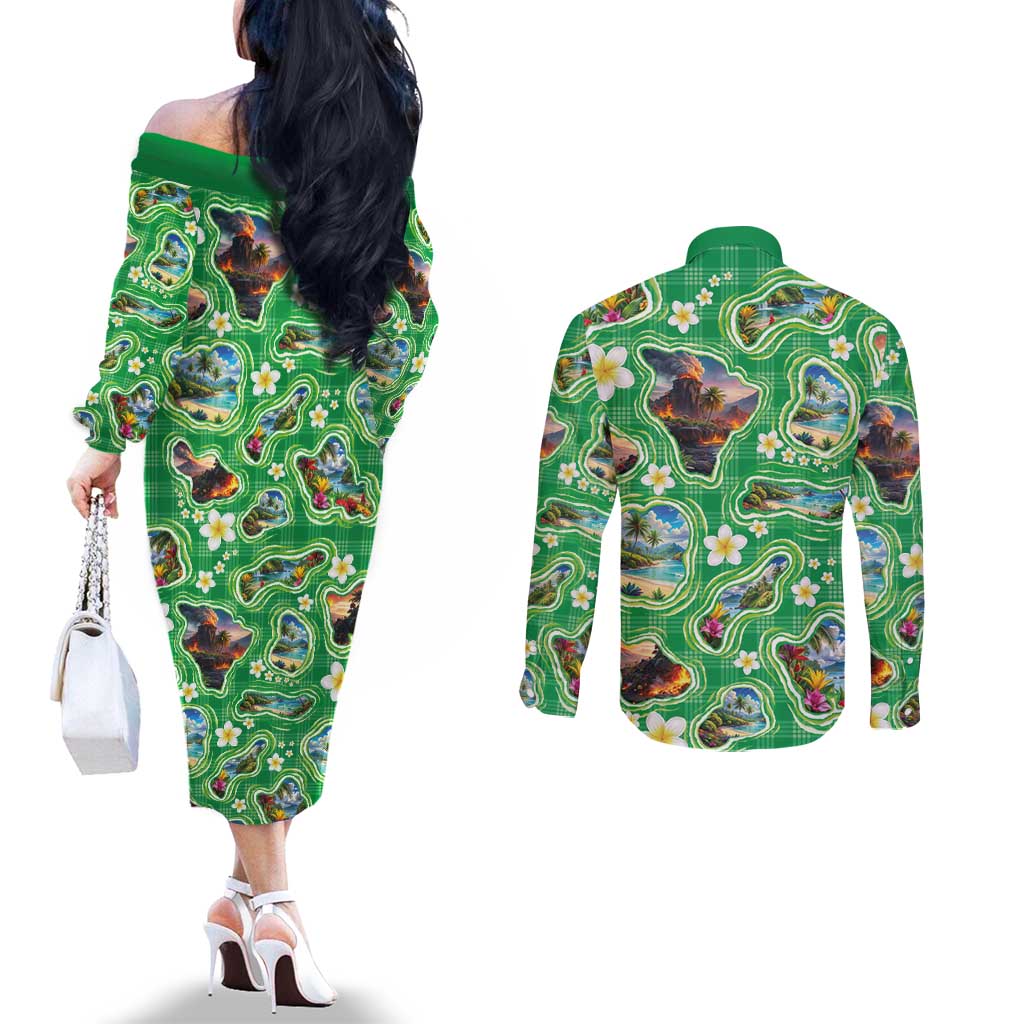 Hawaii Map with Plumeria Flower and Palaka Pattern Couples Matching Off The Shoulder Long Sleeve Dress and Long Sleeve Button Shirt Tropical Island Green Design LT03 - Polynesian Pride