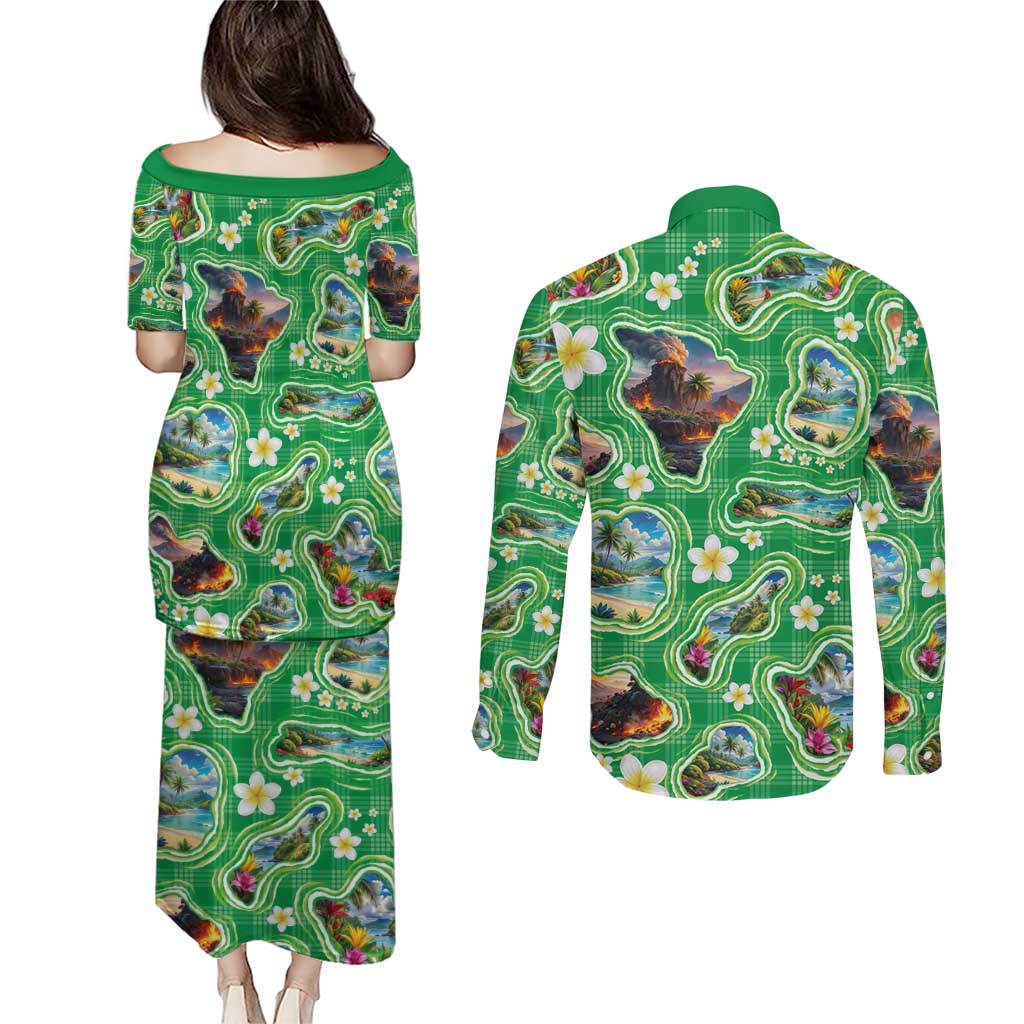 Hawaii Map with Plumeria Flower and Palaka Pattern Couples Matching Puletasi and Long Sleeve Button Shirt Tropical Island Green Design