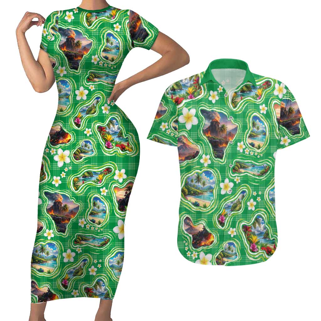 Hawaii Map with Plumeria Flower and Palaka Pattern Couples Matching Short Sleeve Bodycon Dress and Hawaiian Shirt Tropical Island Green Design LT03 Green - Polynesian Pride