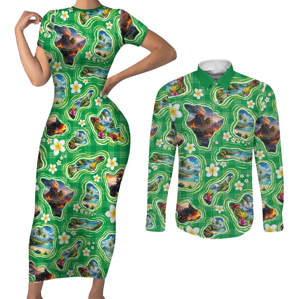 Hawaii Map with Plumeria Flower and Palaka Pattern Couples Matching Short Sleeve Bodycon Dress and Long Sleeve Button Shirt Tropical Island Green Design