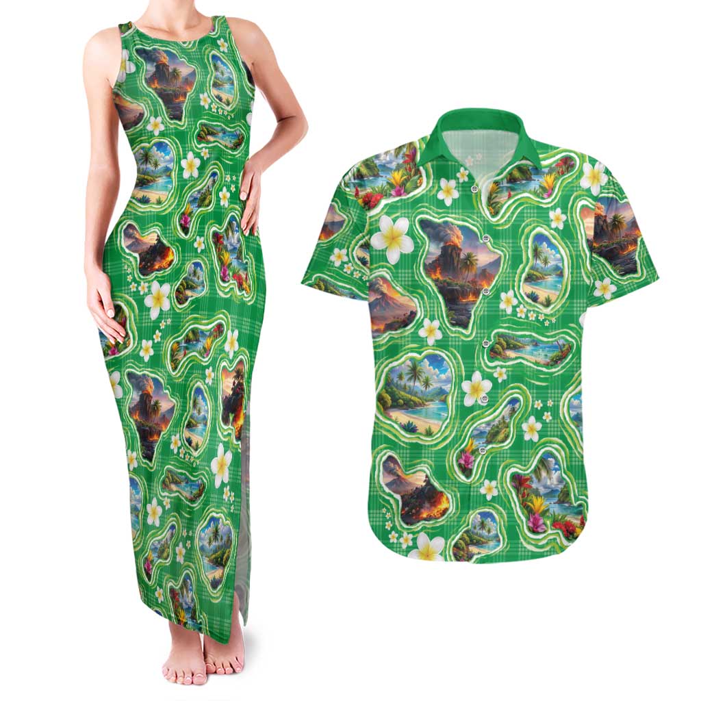 Hawaii Map with Plumeria Flower and Palaka Pattern Couples Matching Tank Maxi Dress and Hawaiian Shirt Tropical Island Green Design LT03 Green - Polynesian Pride
