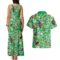 Hawaii Map with Plumeria Flower and Palaka Pattern Couples Matching Tank Maxi Dress and Hawaiian Shirt Tropical Island Green Design LT03 - Polynesian Pride