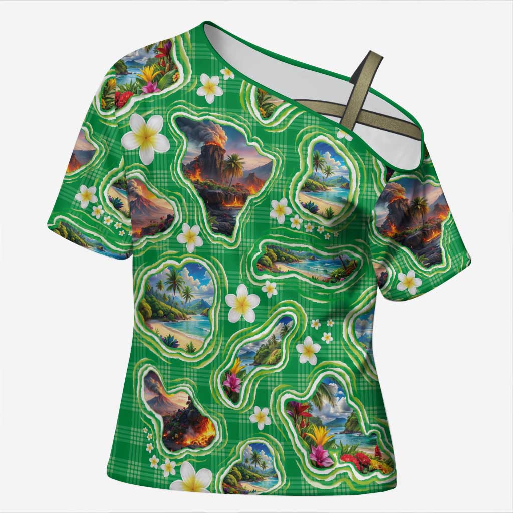 Hawaii Map with Plumeria Flower and Palaka Pattern Cross Shoulder Shirt Tropical Island Green Design