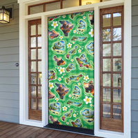 Hawaii Map with Plumeria Flower and Palaka Pattern Door Cover Tropical Island Green Design