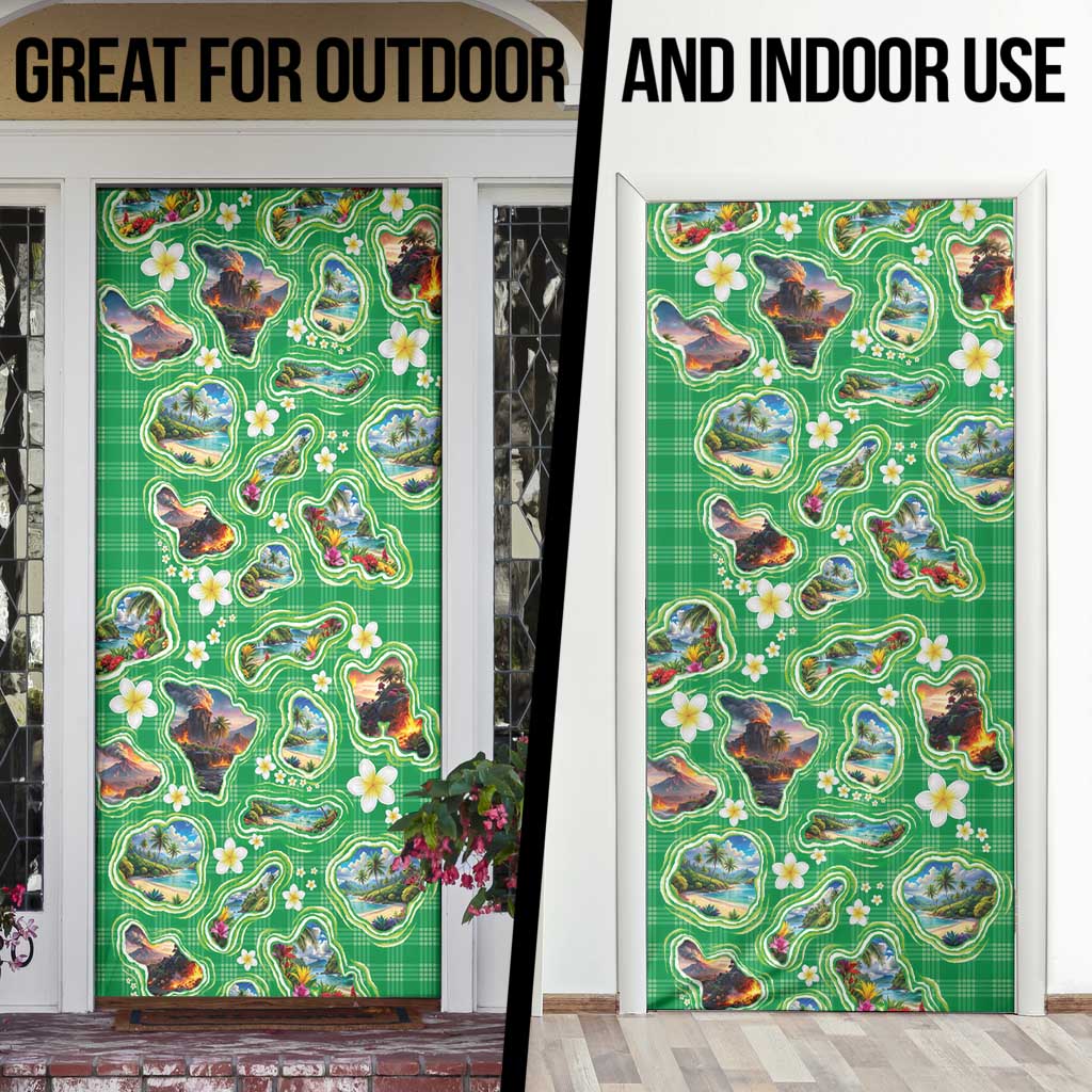 Hawaii Map with Plumeria Flower and Palaka Pattern Door Cover Tropical Island Green Design