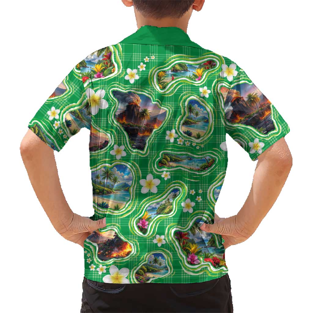 Hawaii Map with Plumeria Flower and Palaka Pattern Family Matching Long Sleeve Bodycon Dress and Hawaiian Shirt Tropical Island Green Design LT03 - Polynesian Pride
