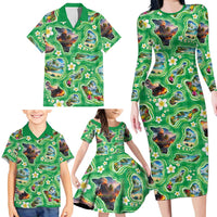 Hawaii Map with Plumeria Flower and Palaka Pattern Family Matching Long Sleeve Bodycon Dress and Hawaiian Shirt Tropical Island Green Design LT03 - Polynesian Pride