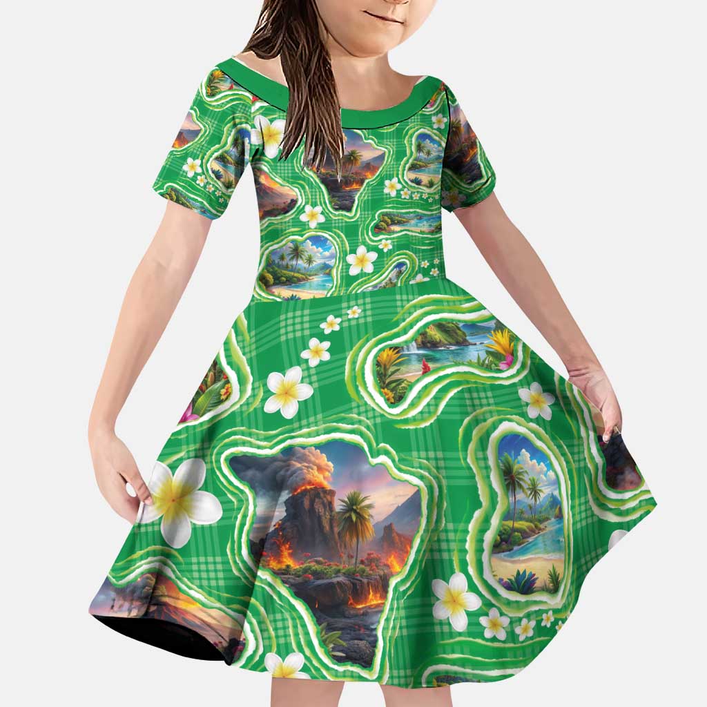 Hawaii Map with Plumeria Flower and Palaka Pattern Family Matching Off The Shoulder Long Sleeve Dress and Hawaiian Shirt Tropical Island Green Design LT03 Daughter's Dress Green - Polynesian Pride