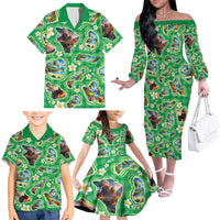 Hawaii Map with Plumeria Flower and Palaka Pattern Family Matching Off The Shoulder Long Sleeve Dress and Hawaiian Shirt Tropical Island Green Design LT03 - Polynesian Pride