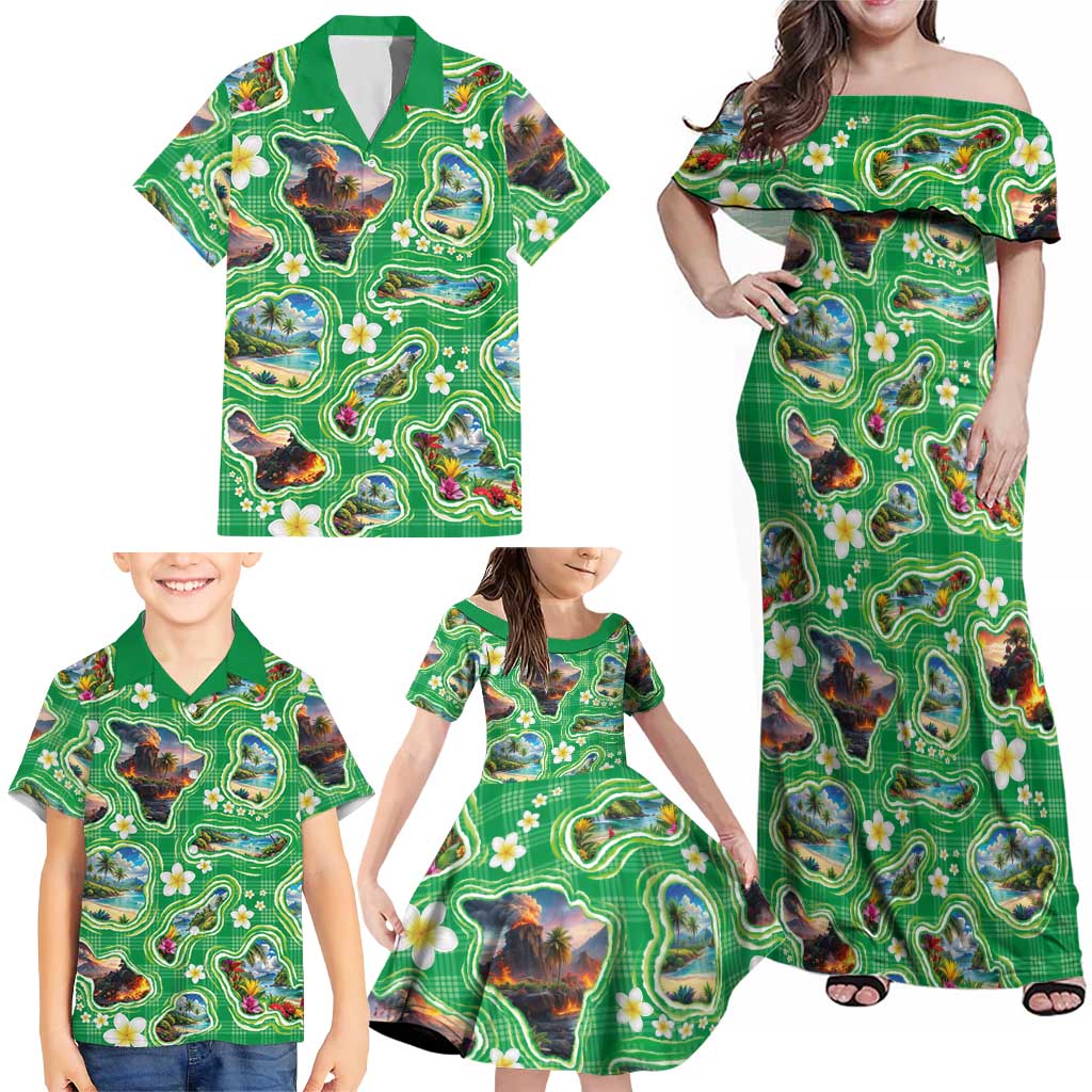 Hawaii Map with Plumeria Flower and Palaka Pattern Family Matching Off Shoulder Maxi Dress and Hawaiian Shirt Tropical Island Green Design LT03 - Polynesian Pride
