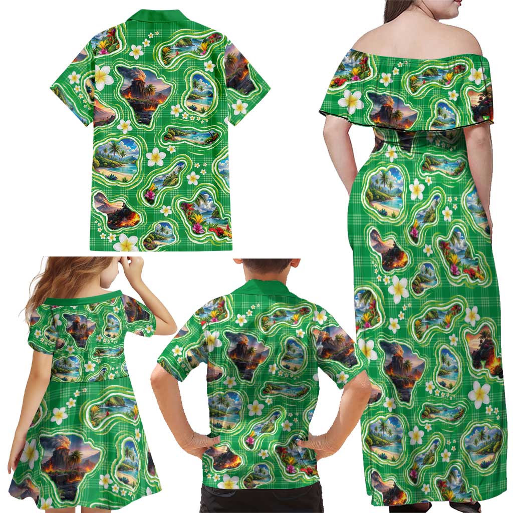 Hawaii Map with Plumeria Flower and Palaka Pattern Family Matching Off Shoulder Maxi Dress and Hawaiian Shirt Tropical Island Green Design LT03 - Polynesian Pride