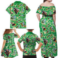 Hawaii Map with Plumeria Flower and Palaka Pattern Family Matching Off Shoulder Maxi Dress and Hawaiian Shirt Tropical Island Green Design LT03 - Polynesian Pride