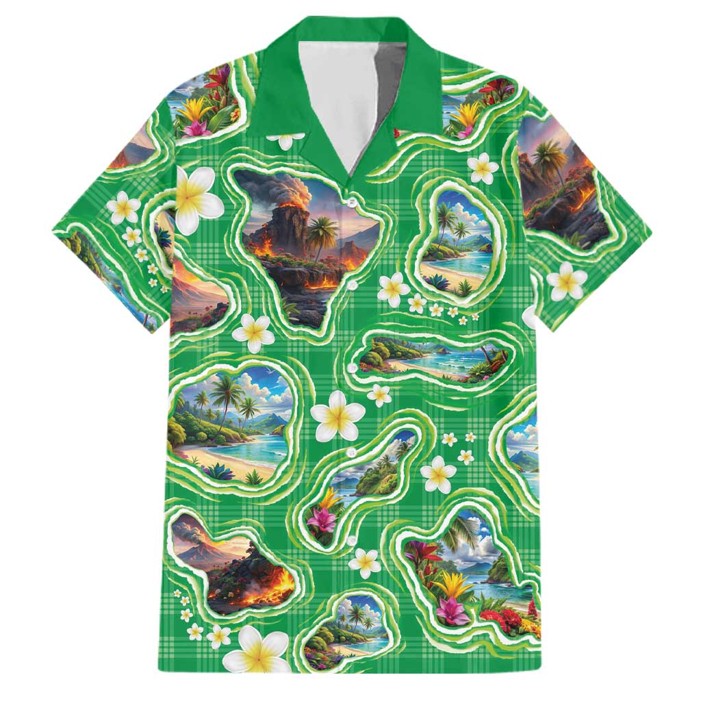 Hawaii Map with Plumeria Flower and Palaka Pattern Family Matching Off Shoulder Maxi Dress and Hawaiian Shirt Tropical Island Green Design LT03 Dad's Shirt - Short Sleeve Green - Polynesian Pride