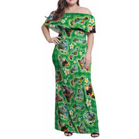 Hawaii Map with Plumeria Flower and Palaka Pattern Family Matching Off Shoulder Maxi Dress and Hawaiian Shirt Tropical Island Green Design LT03 Mom's Dress Green - Polynesian Pride
